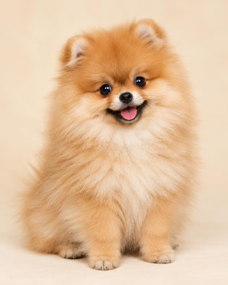 Cachorro Pomerania color naranja, peludo y sonriente